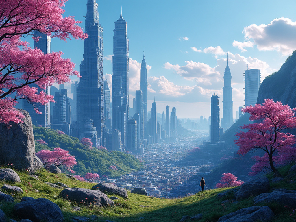 Futuristic city scape set in rural Japan.